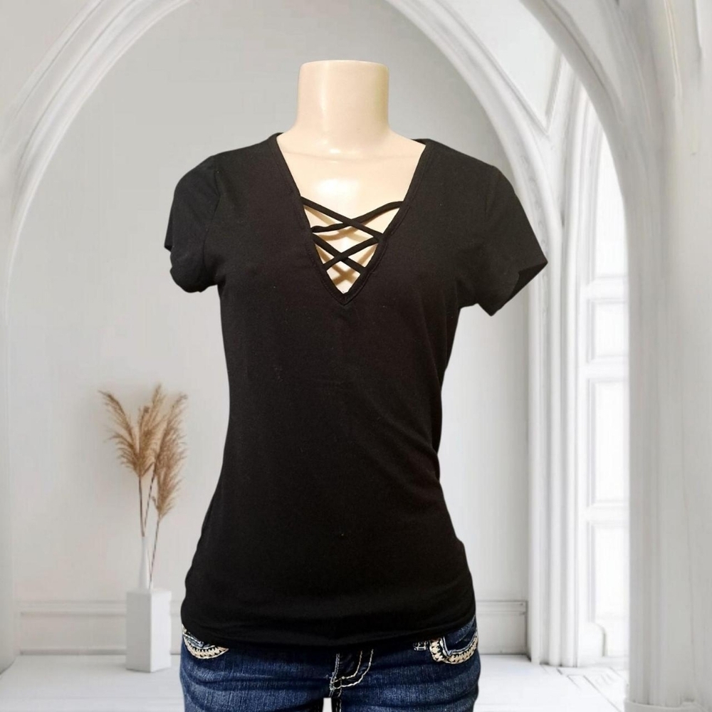 Unbranded Black V-Neck Crisscross Women's Small Top